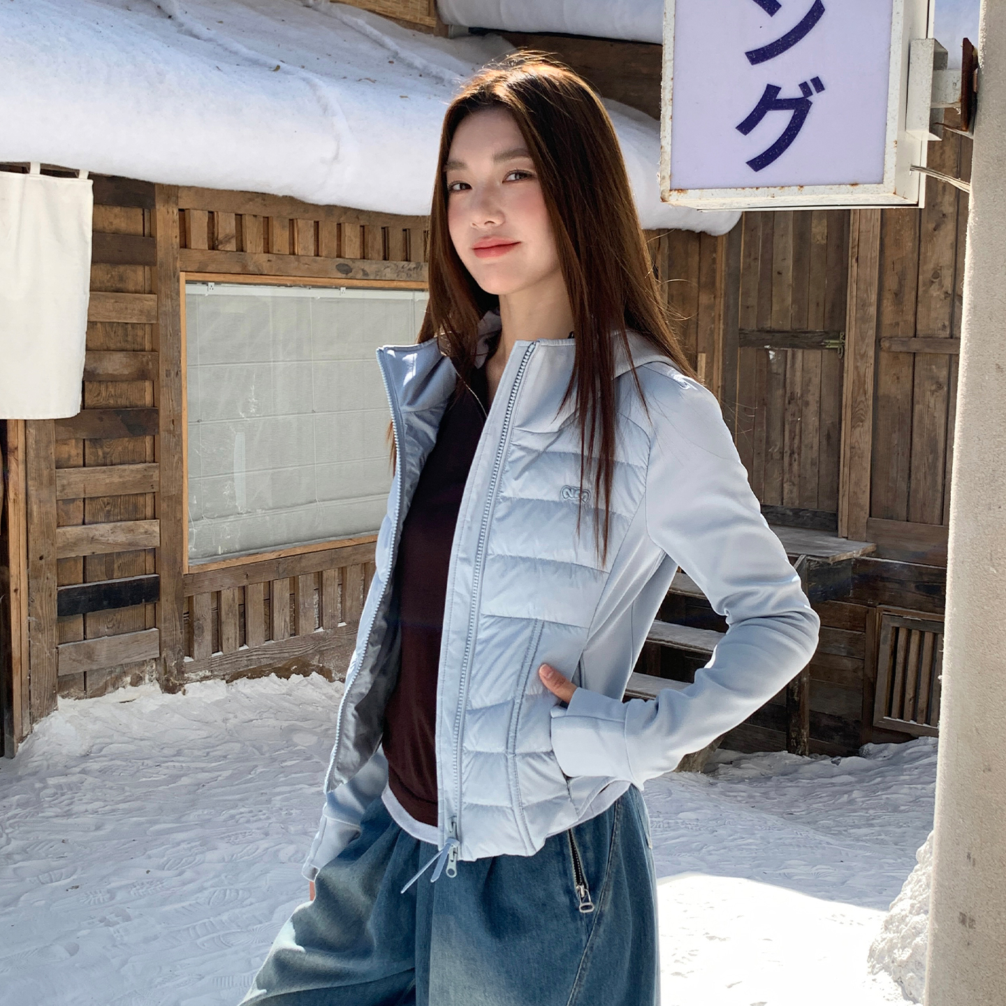 NMORE设计师品牌 25冬季新款 灰矿蓝拼接修身轻便鹅绒服