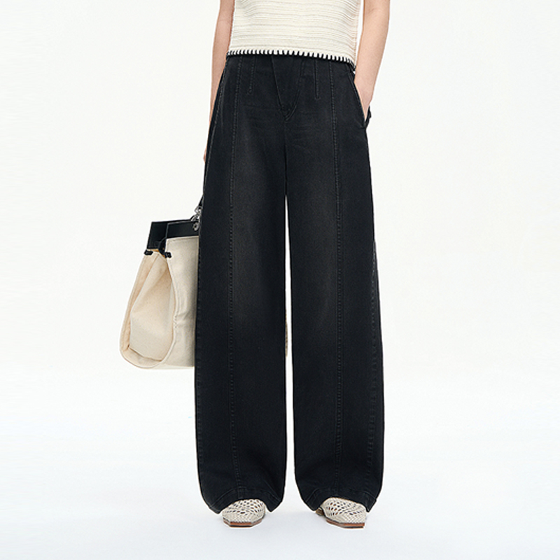 N·MORE设计师品牌 斜搭门后腰松紧装饰高腰直筒简约牛仔裤