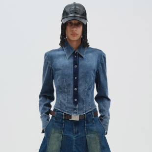 饰牛仔衬衫 NMORE设计师品牌 水洗蓝领带装 新款 25秋季