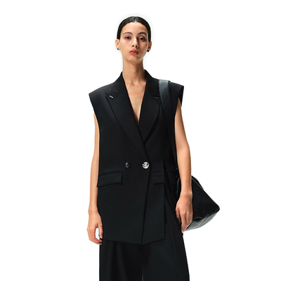 N·MORE设计师品牌  隐秘黑羊毛混纺前开衩廓形马甲