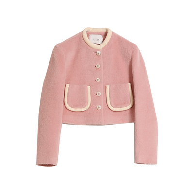 N·MORE设计师品牌 胭脂粉罗纹装饰箱型气质短款外套