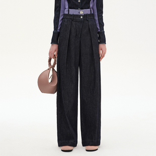 深幻蓝双腰头高腰褶裥直口长裤 N·MORE设计师品牌 秋冬