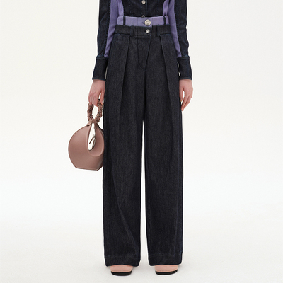 深幻蓝双腰头高腰褶裥直口长裤