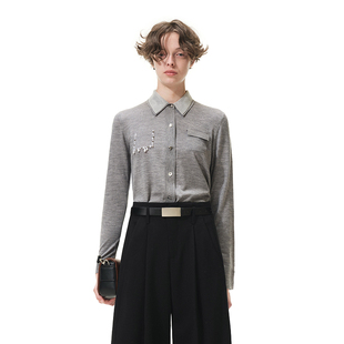 饰钉珠口袋羊毛针织衬衫 N·MORE设计师品牌 莫奈灰装