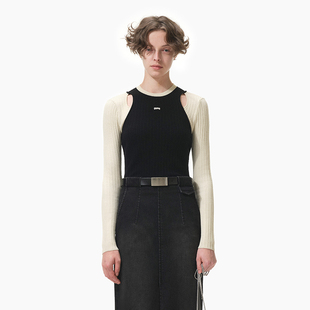 饰镂空针织衫 N·MORE设计师品牌 隐秘黑拼色NM绣标装