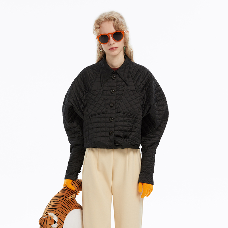 装饰系结方格绗缝薄棉棉服外套