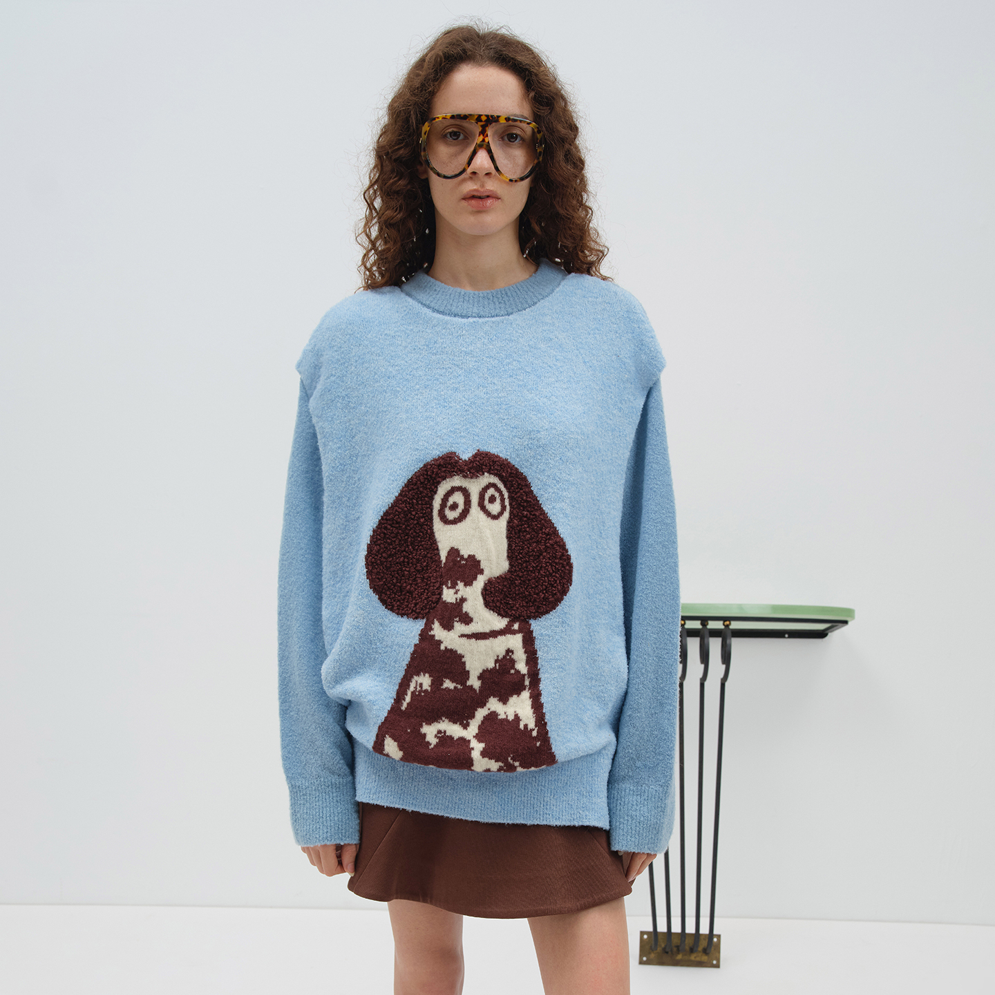 NMORE设计师品牌 25秋季新款 冰川蓝狗狗嵌花图案羊毛针套衫