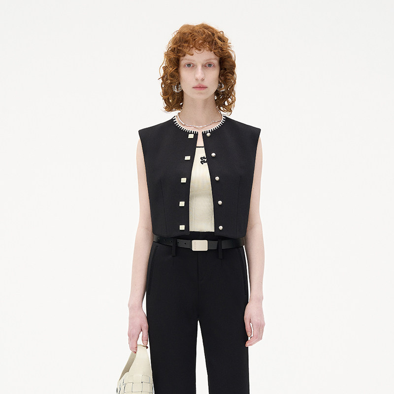 N&middot;MORE设计师品牌 黑白撞色简约花针装饰圆领马甲女短款春秋