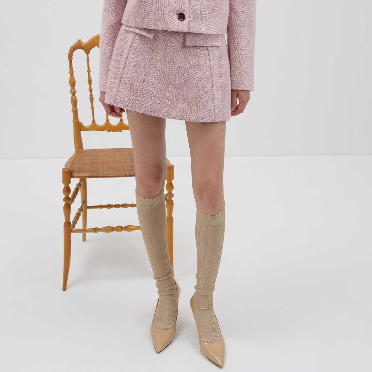 NMORE设计师品牌 25冬季新款 芭比粉装饰腰带羊毛半裙