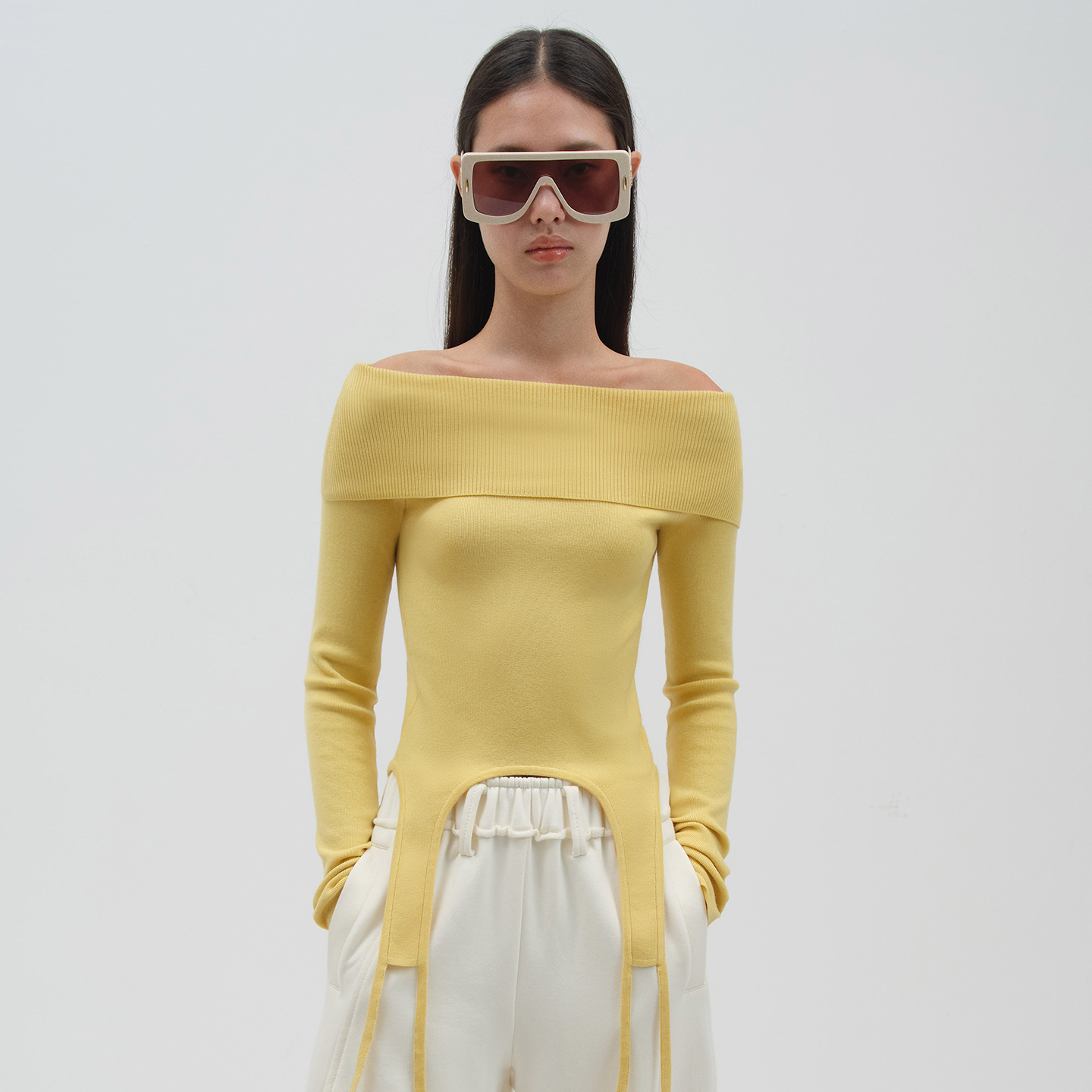 NMORE设计师品牌 25秋季新款 麦浪黄两穿装饰底摆一字肩针织衫