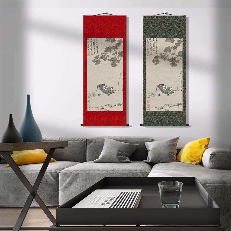 唐姆清梦图仿古丝绸卷轴画汤姆猫麦咪喵喵搞笑装饰画背景墙壁挂画