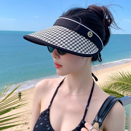 防晒空顶帽女夏季户外骑行遮阳帽时尚洋气千鸟格编织遮脸太阳帽