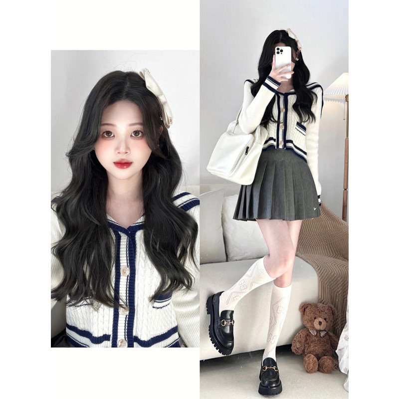 LITTLE FRAGRANCE WHITE KNITTED CARDIGAN WOMENS 2025 AUTUMN DRESS NEW RETRO NAVY STYLE LAPEL WEAR SHORT SWEATER JACKET