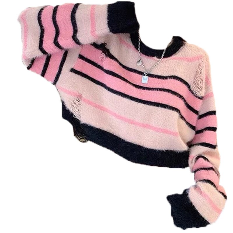 RIPPED STRIPED SWEATER WOMENS AUTUMN WINTER 2025 NEW SWEET AND SPICY DESIGN SOFT AND GLUTINOUS LOOSE PULLOVER LONG-SLEEVED KNIT TOP