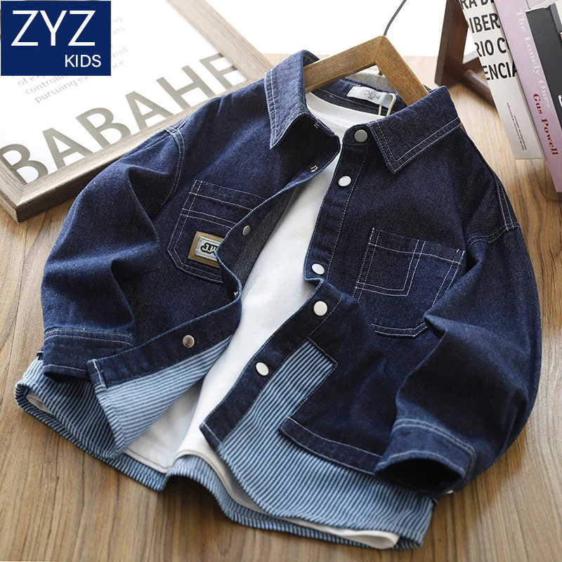 男童早春洋气POLO领牛仔外套2026新款中大童儿童痞帅炸街运动衬衫