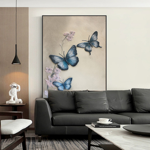 侘寂风蝴蝶花卉手绘油画客厅餐厅装饰画石英砂肌理玄关走廊挂画