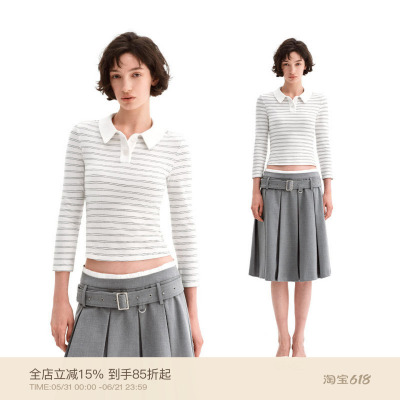PUKI 莱赛尔修身弹力丝滑正肩短款上衣白色娃娃领POLO基础款T恤