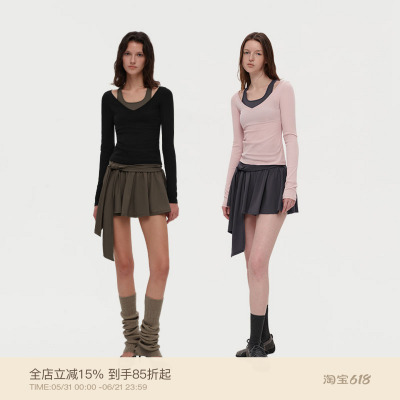 PUKI 芭蕾风套装 莱塞尔假两件撞色挂脖上衣 蝴蝶结绑带半身裙