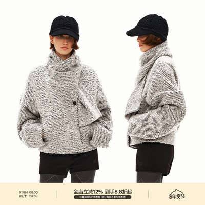 PUKI 50%羊毛 斜纹花呢 原创设计感围巾领斜襟秋冬短款外套