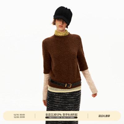 PUKI 层次感美学 原创三色拼接羊毛设计感圆领修身毛衣