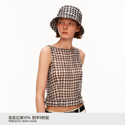 PUKI 原创微透格纹花边背心 法式复古一字领无袖上衣