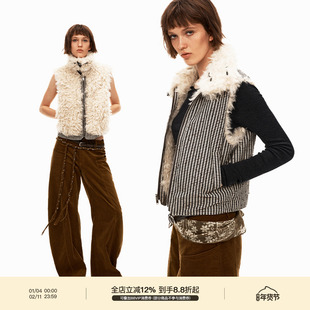 PUKI「双面两穿」环保羊羔绒马甲 原创复古格纹高领百搭拉链外套