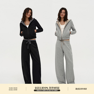 PUKI 格纹拼接 短款连帽卫衣套装 双腰头香蕉卫裤弯刀裤