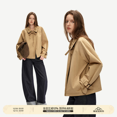 PUKI 原创短款风衣 设计感蝴蝶结绑带卡其夹克外套