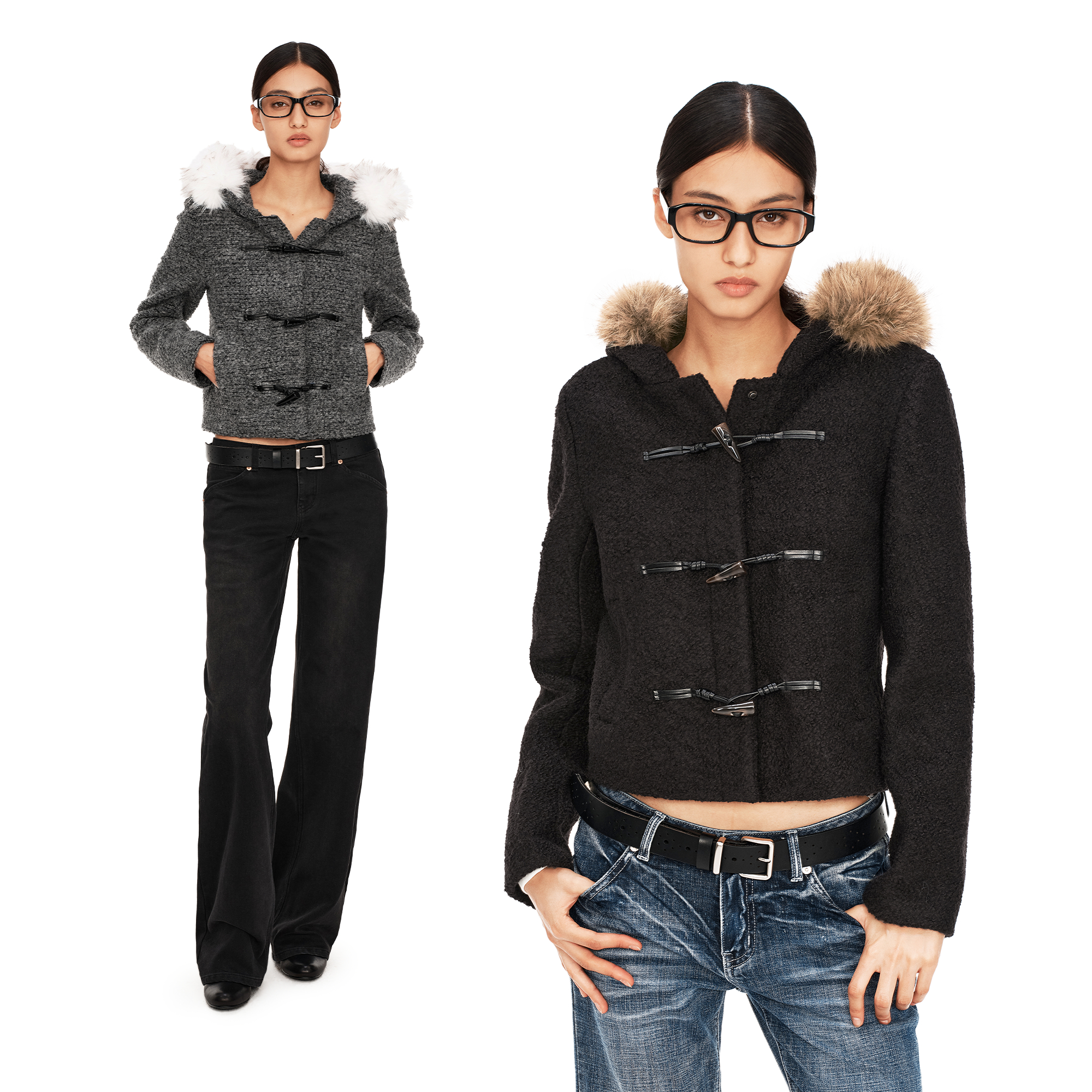 PUKI 600G重磅50%羊毛牛角扣肌理粗呢大衣 修身短款连帽毛领外套