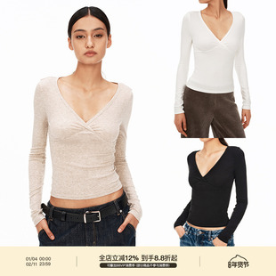 PUKI 秋冬闭眼入 天丝羊毛V领扭结打底衫 正肩修身显瘦百搭上衣