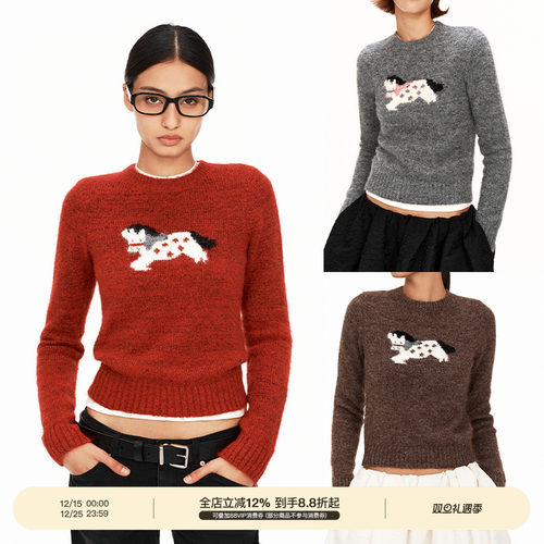 PUKI「马年限定」经典趣味小马提花刺绣正肩圆领羊毛毛衣