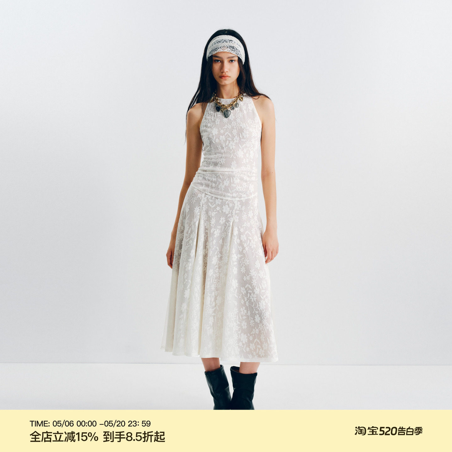 PUKI 「yigenana同款」微透提花连衣裙 无袖挂脖显瘦褶皱裙摆长裙