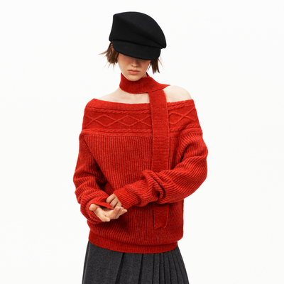 PUKI 绞花肌理感羊毛围巾毛衣 经典两穿慵懒宽松斜肩长袖