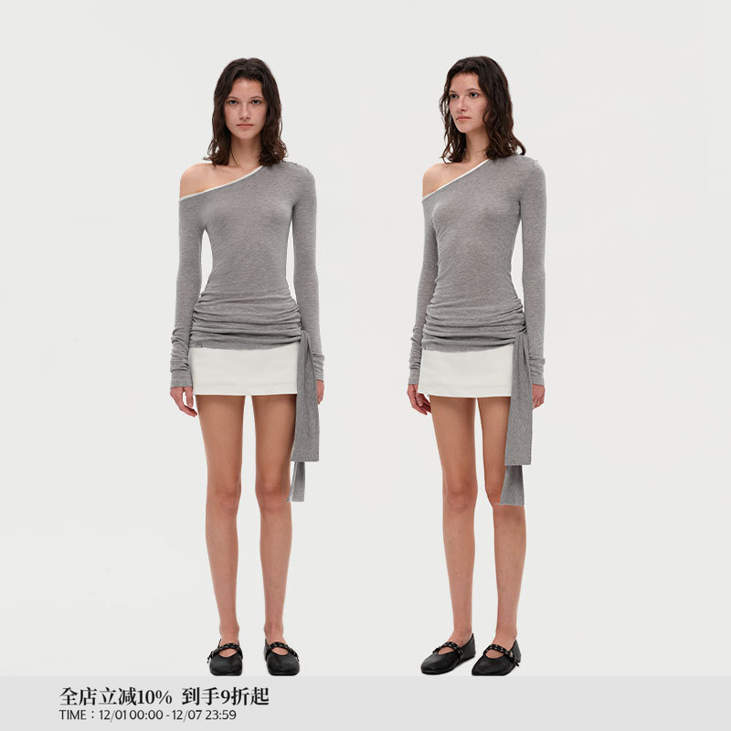 PUKI 进口美利奴羊毛莱塞尔 斜肩飘带修身褶皱显瘦上衣