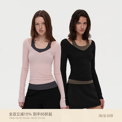 PUKI 芭蕾风套装 莱塞尔假两件撞色挂脖上衣 蝴蝶结绑带半身裙
