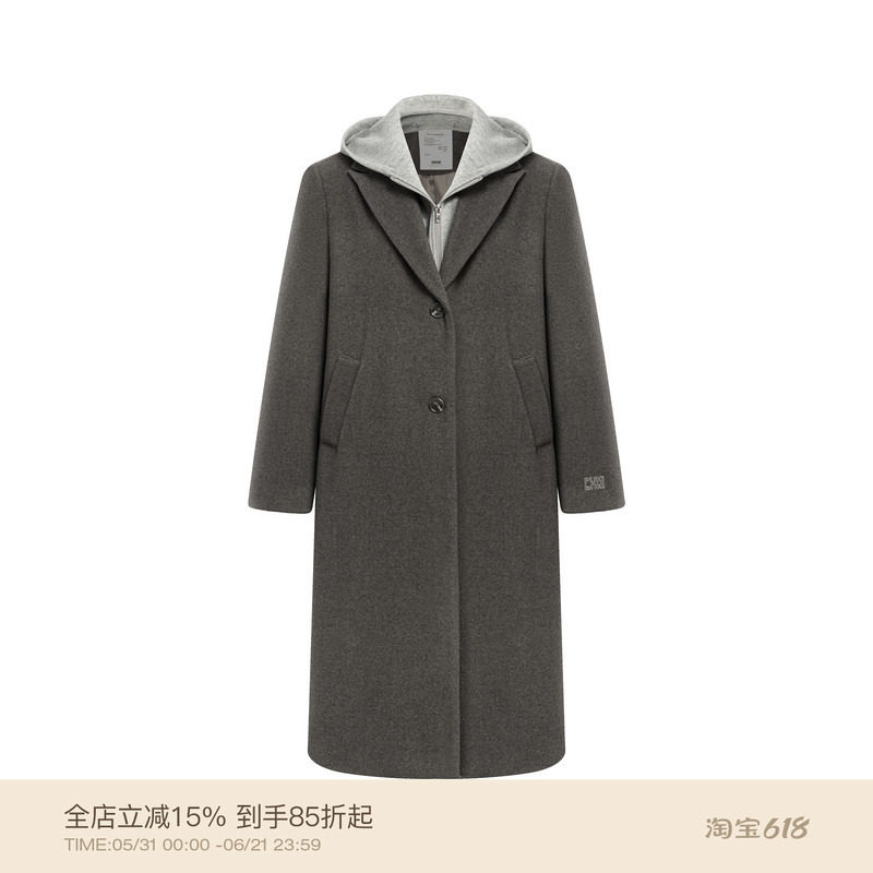 PUKI格雷系假两件羊毛可拆卸连帽毛呢大衣美式复古长款呢子外套