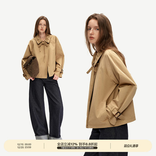 PUKI 原创短款风衣 设计感蝴蝶结绑带卡其夹克外套