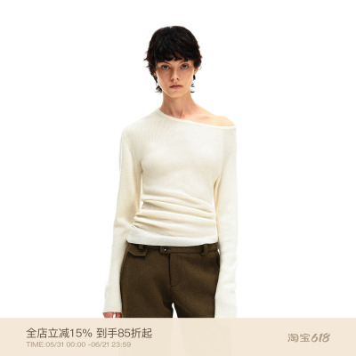 PUKI 100%纯羊毛 慵懒感不规则斜肩显瘦长袖毛织上衣