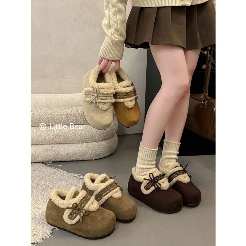 小熊出走蝴蝶结毛毛勃肯鞋女内增高加绒保暖魔术贴厚底冬款棉鞋,女鞋,棉鞋,淘宝优惠券,粉丝福利购,淘宝优惠卷