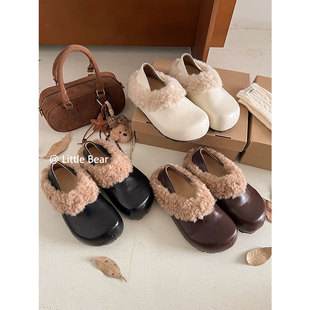 小熊出走厚底加绒两穿勃肯鞋 百搭增高包头半拖 女秋冬保暖毛毛棉鞋