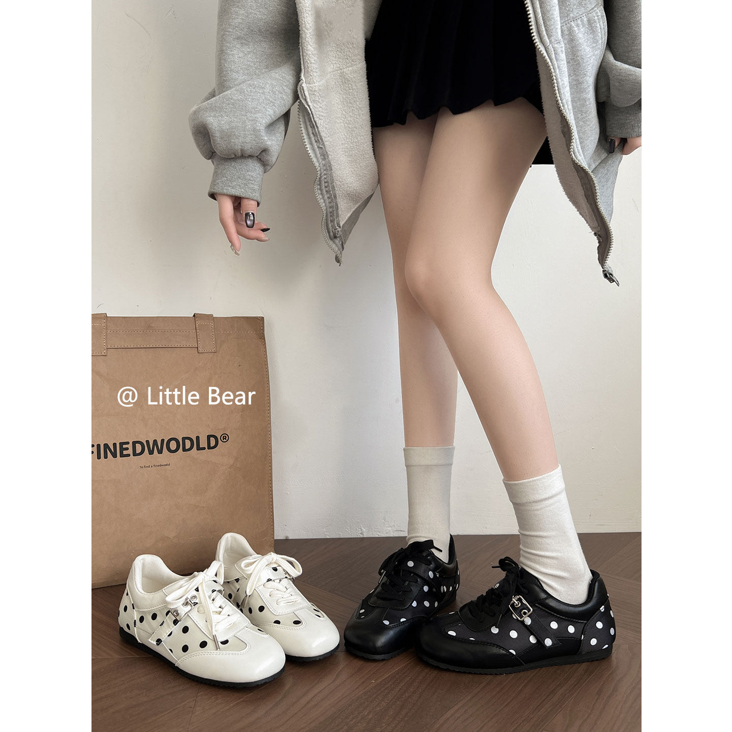 小熊出走韩系波点复古德训鞋女2026新款春秋休闲内增高平底阿甘鞋