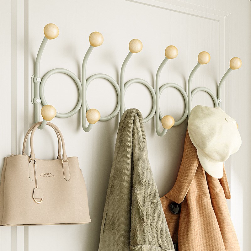 免打孔卧室客厅创意挂衣架门后挂衣钩铁艺木球双排钩墙上挂钩粘钩