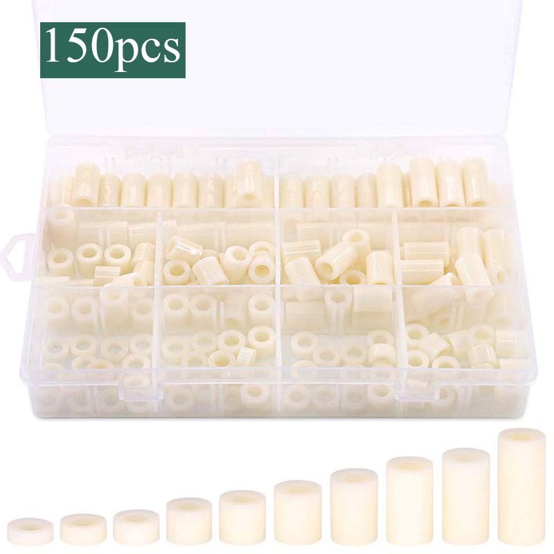 150Pcs/盒 M6 ABS圆形垫片塑料固定螺母分类套件 直通柱 OD3-25mm