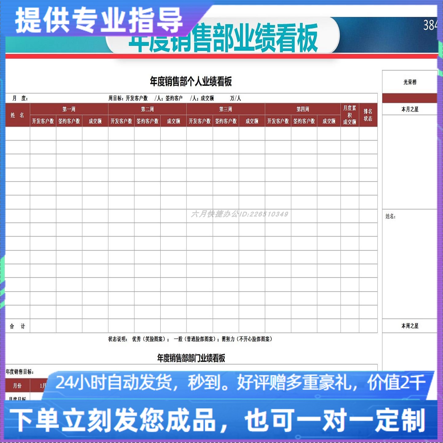 原创设计年度销售部个人业绩看板EXCEL表格WPS系统定制