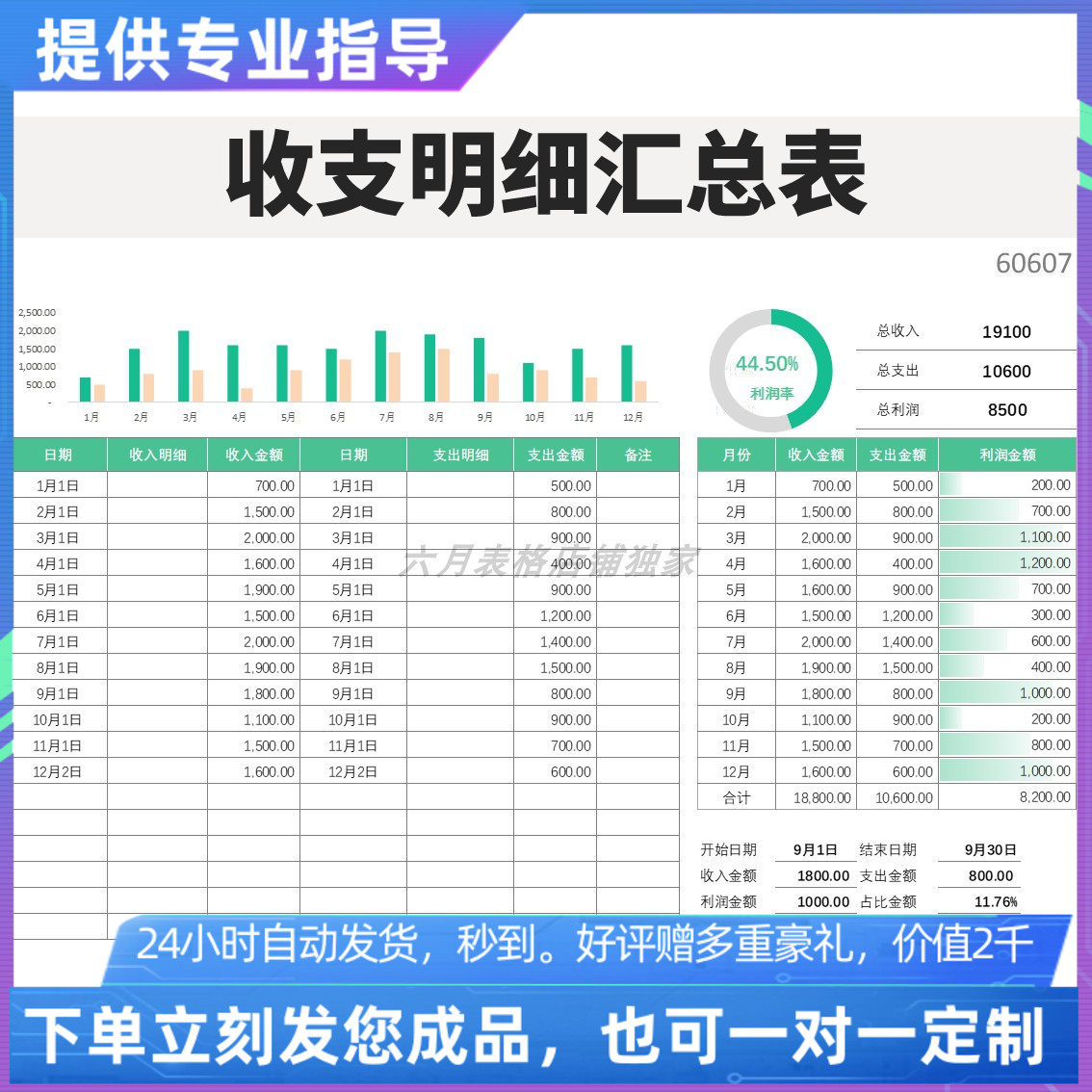 原创设计精品收支明细汇总表excel表格定制