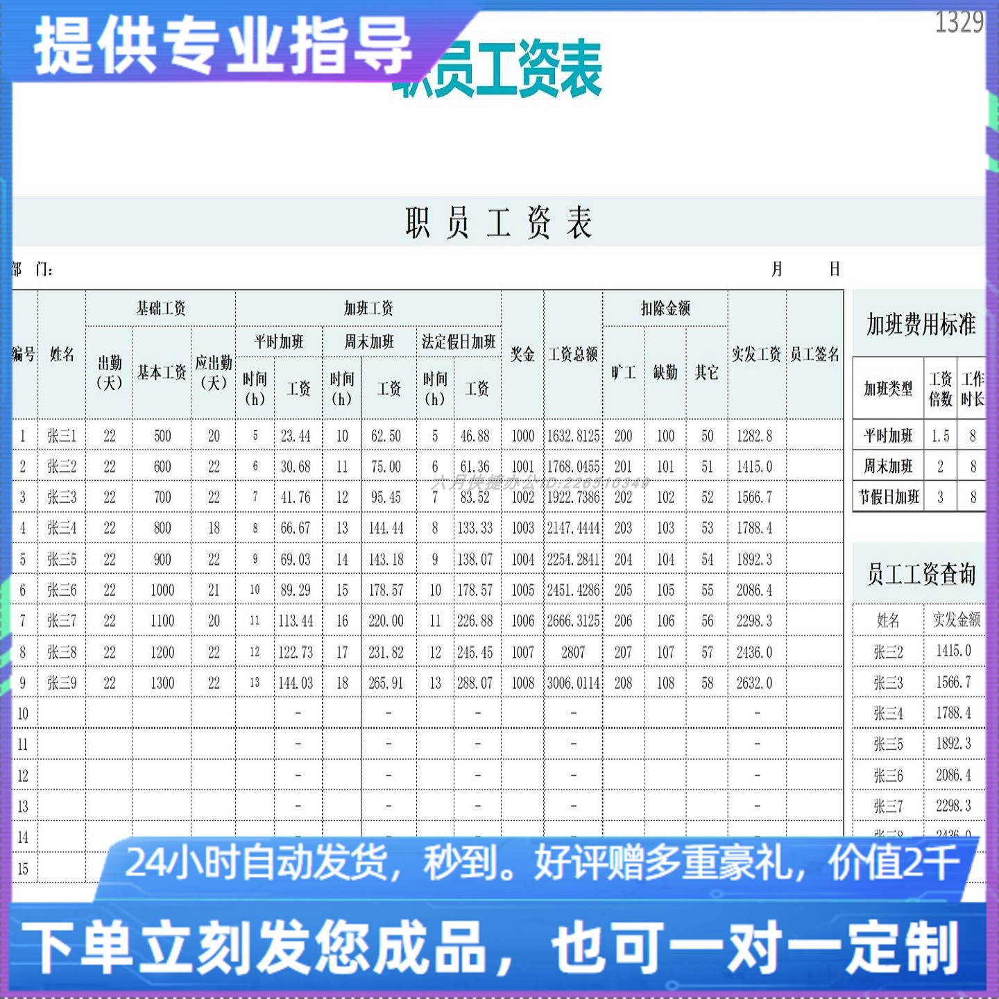 原创设计职员工资表EXCEL表格WPS系统定制