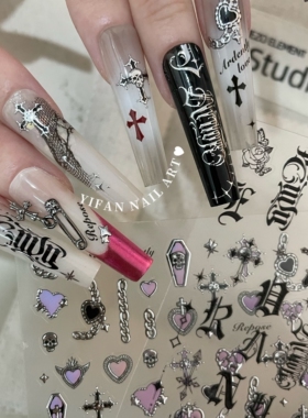 2026新款克罗心美甲贴纸复古哥特朋克风十字架指甲背胶贴花装饰品