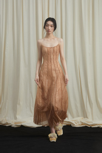 新中式收腰吊带亚麻天丝植物染