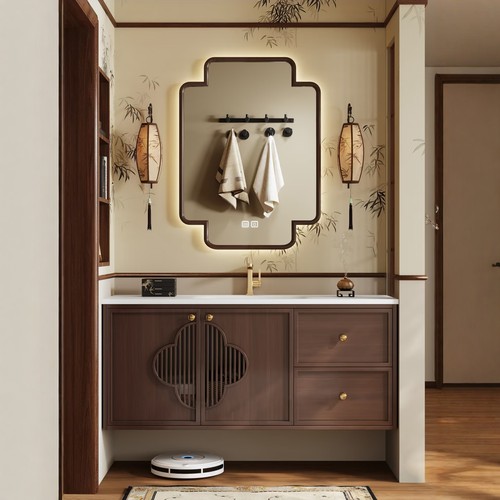 宋氏美学不规则中古风卫生间镜子壁挂式镜子洗手台实木边框浴室镜