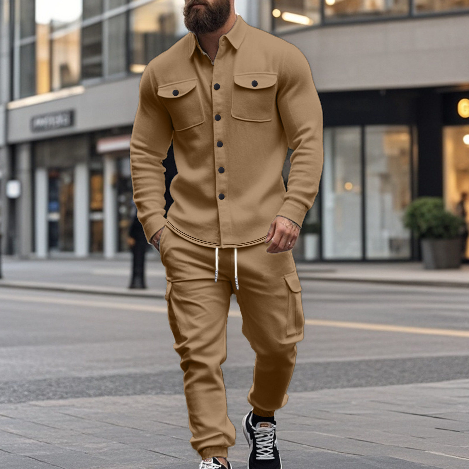 美式重磅加绒户外休闲男装2025秋季纯色翻领工装夹克长裤宽松套装,男装,休闲运动套装,淘宝优惠券,粉丝福利购,淘宝优惠卷